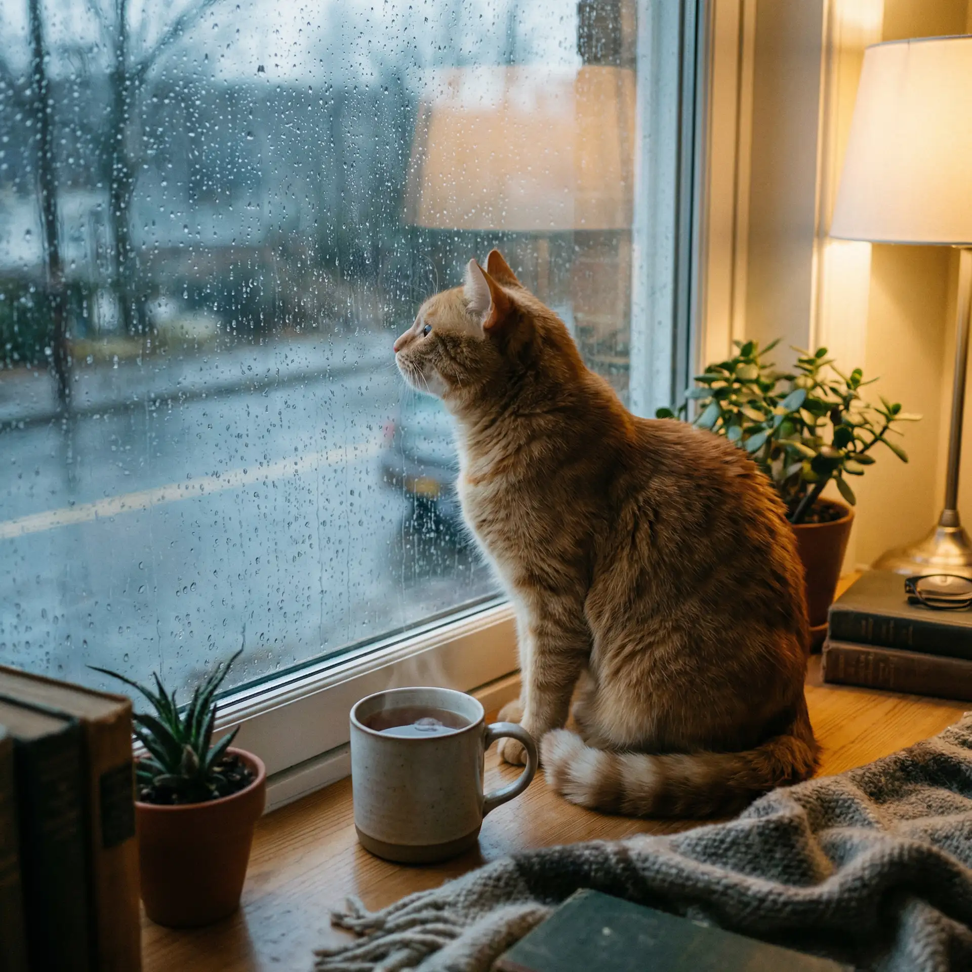 猫咪望着窗外的雨 - 危险关系 跳跃的火焰